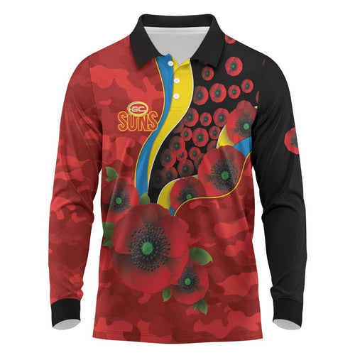 Gold Suns ANZAC Personalised Long Sleeve Polo Shirt Lest We Forget Poppy Camo