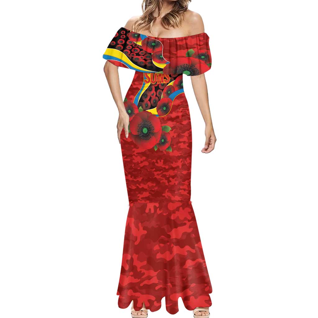 Gold Suns ANZAC Personalised Mermaid Dress Lest We Forget Poppy Camo