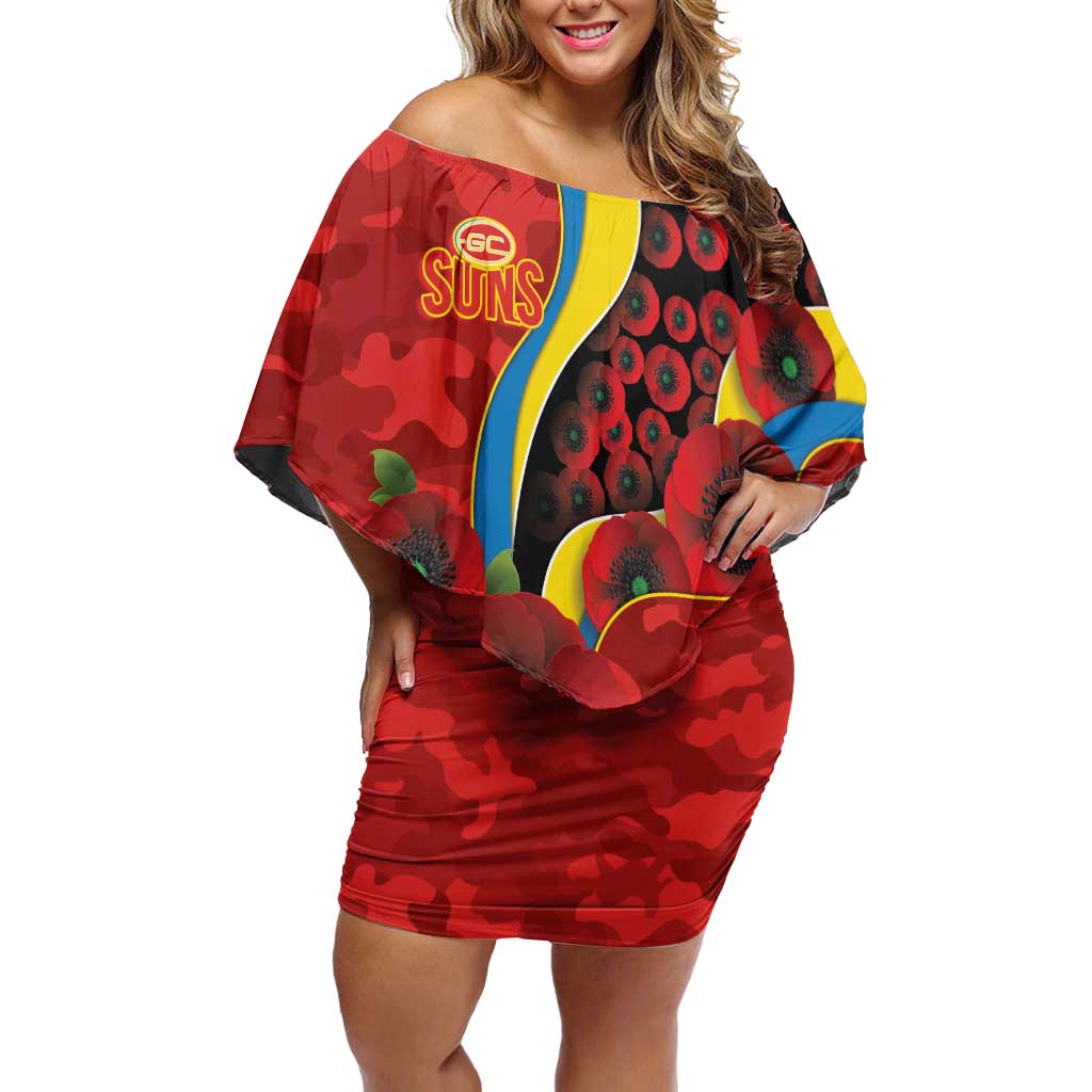 Gold Suns ANZAC Personalised Off Shoulder Short Dress Lest We Forget Poppy Camo