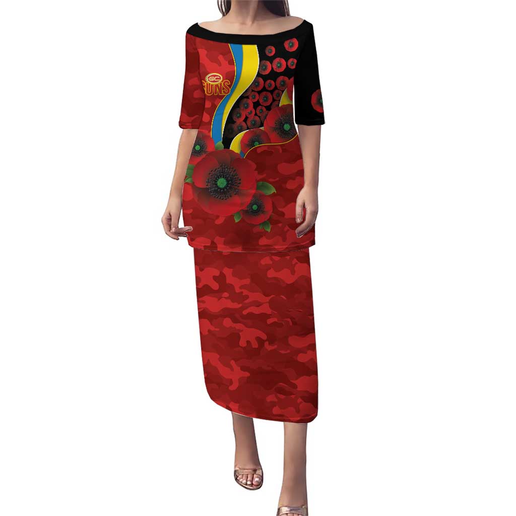 Gold Suns ANZAC Personalised Puletasi Lest We Forget Poppy Camo
