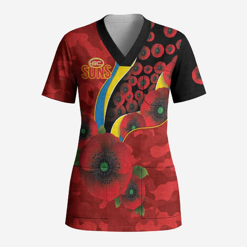 Gold Suns ANZAC Personalised Scrub Top Lest We Forget Poppy Camo
