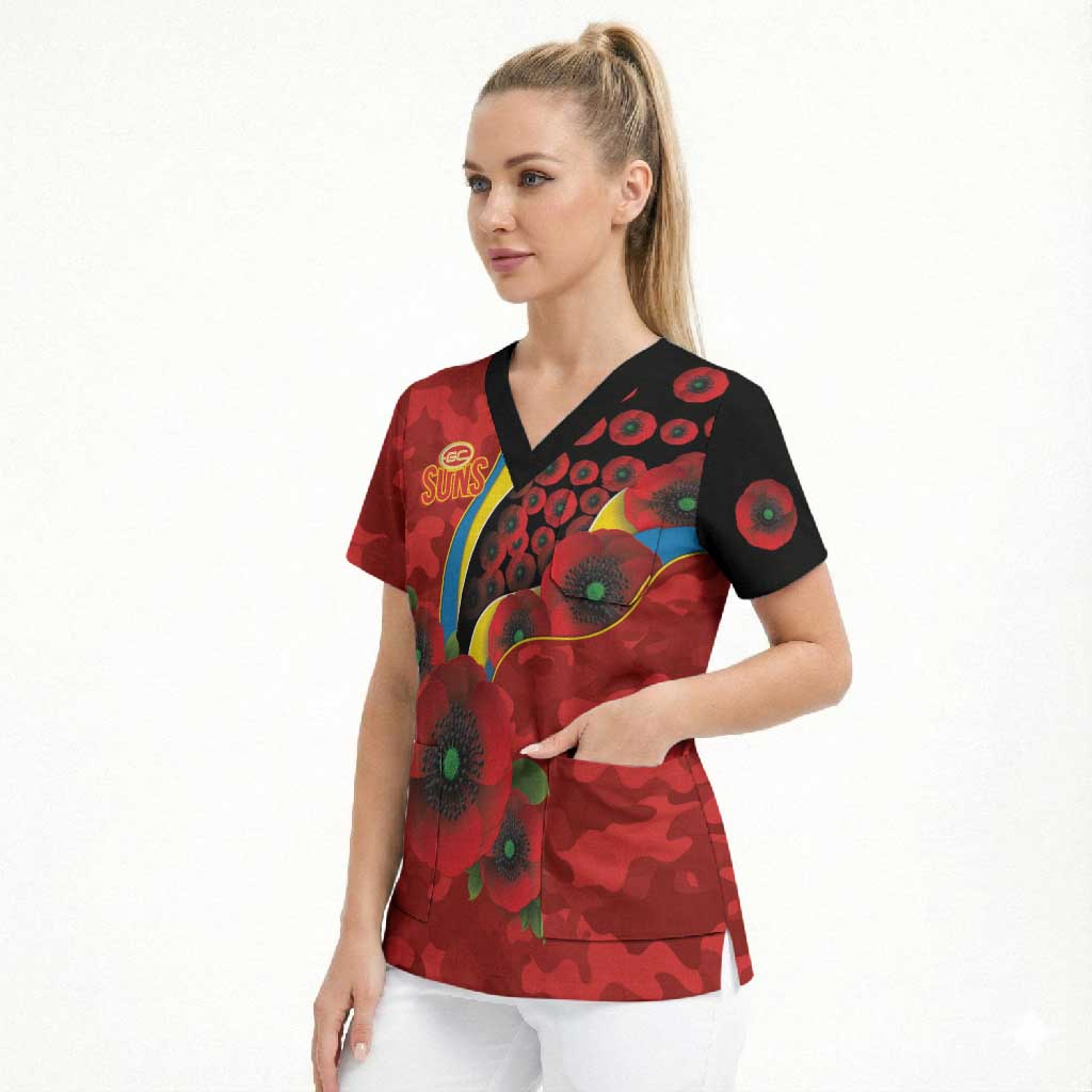Gold Suns ANZAC Personalised Scrub Top Lest We Forget Poppy Camo