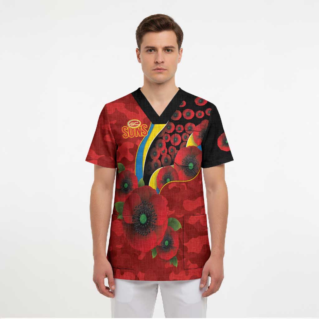 Gold Suns ANZAC Personalised Scrub Top Lest We Forget Poppy Camo