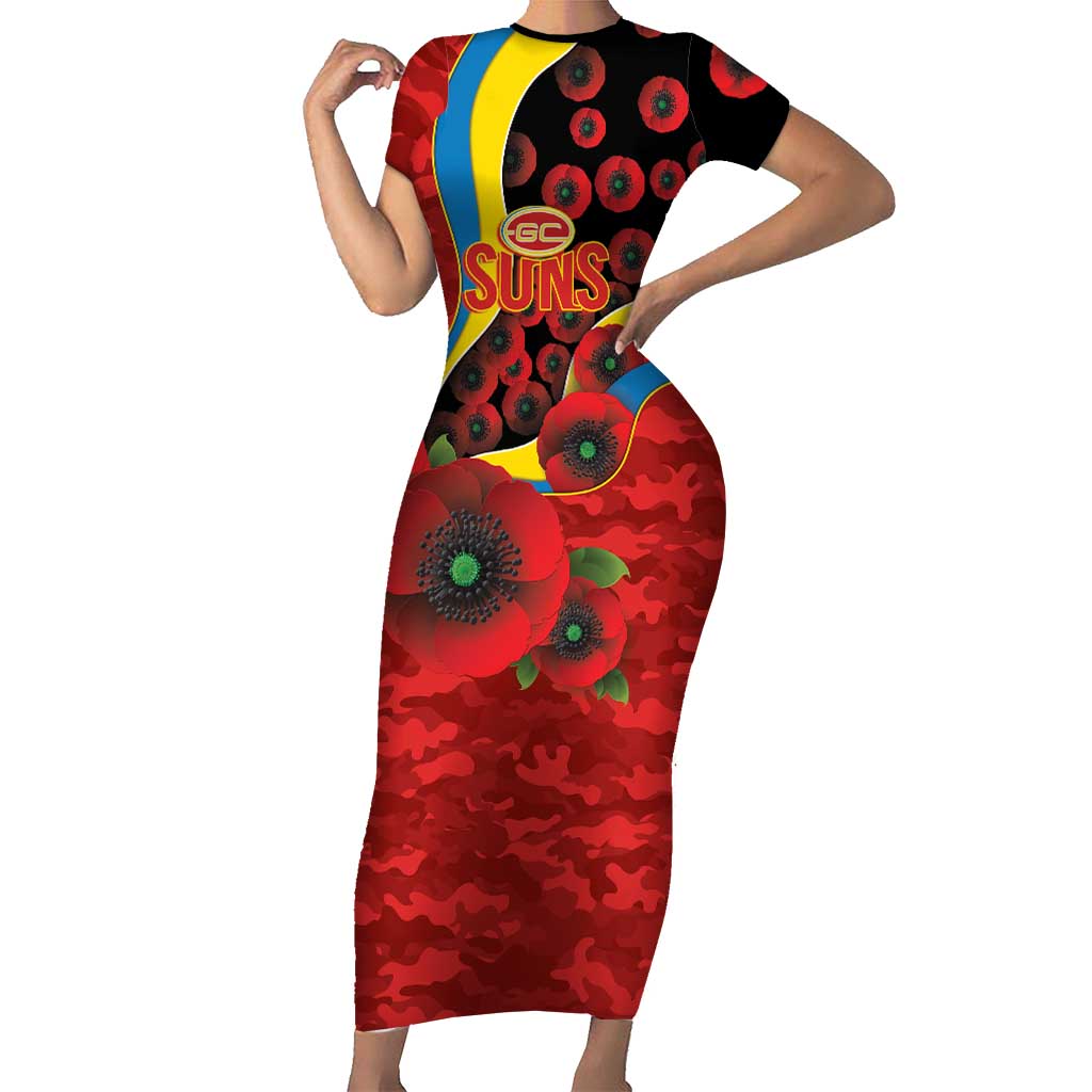 Gold Suns ANZAC Personalised Short Sleeve Bodycon Dress Lest We Forget Poppy Camo