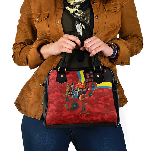 Gold Suns ANZAC Personalised Shoulder Handbag Lest We Forget Poppy Camo