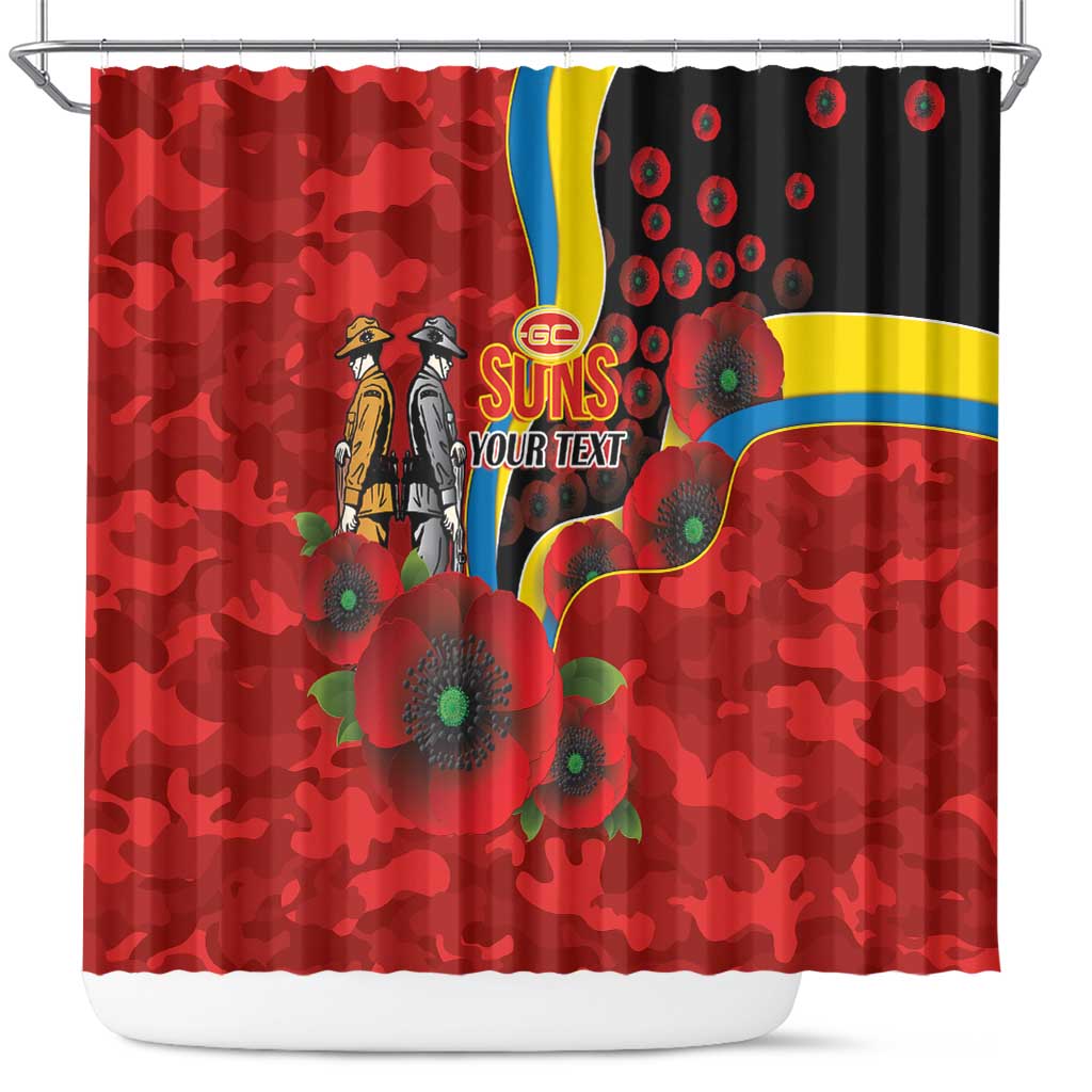 Gold Suns ANZAC Personalised Shower Curtain Lest We Forget Poppy Camo
