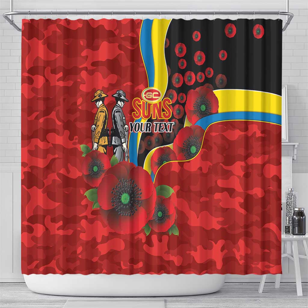 Gold Suns ANZAC Personalised Shower Curtain Lest We Forget Poppy Camo