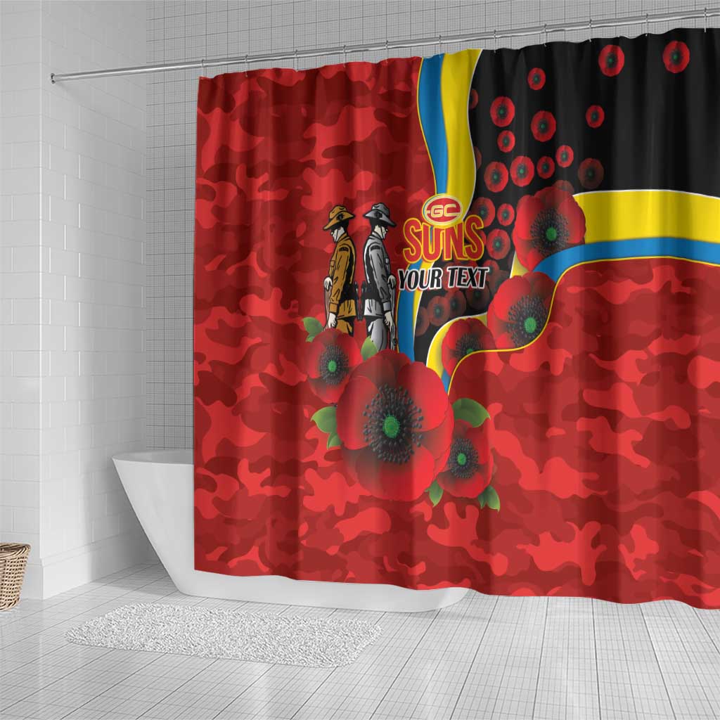 Gold Suns ANZAC Personalised Shower Curtain Lest We Forget Poppy Camo