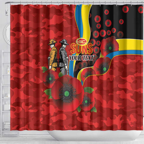 Gold Suns ANZAC Personalised Shower Curtain Lest We Forget Poppy Camo