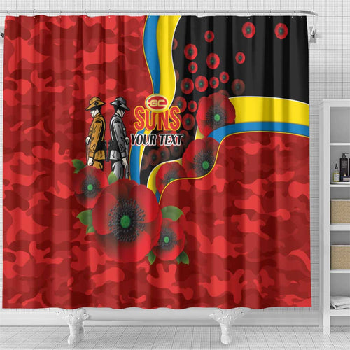 Gold Suns ANZAC Personalised Shower Curtain Lest We Forget Poppy Camo