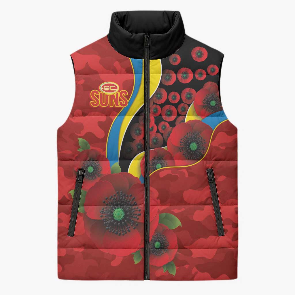 Gold Suns ANZAC Personalised Sleeveless Puffer Jacket Lest We Forget Poppy Camo