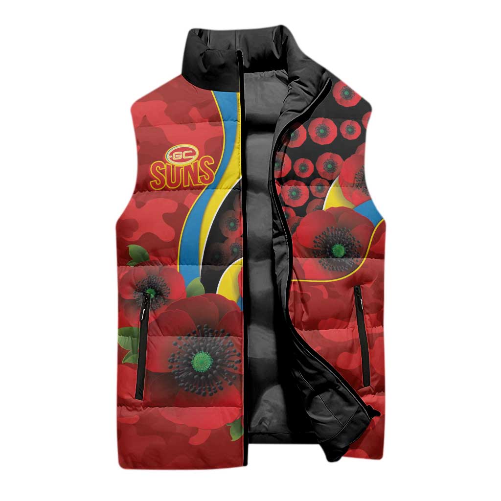 Gold Suns ANZAC Personalised Sleeveless Puffer Jacket Lest We Forget Poppy Camo