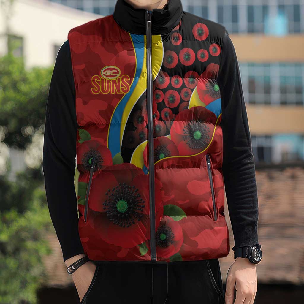 Gold Suns ANZAC Personalised Sleeveless Puffer Jacket Lest We Forget Poppy Camo