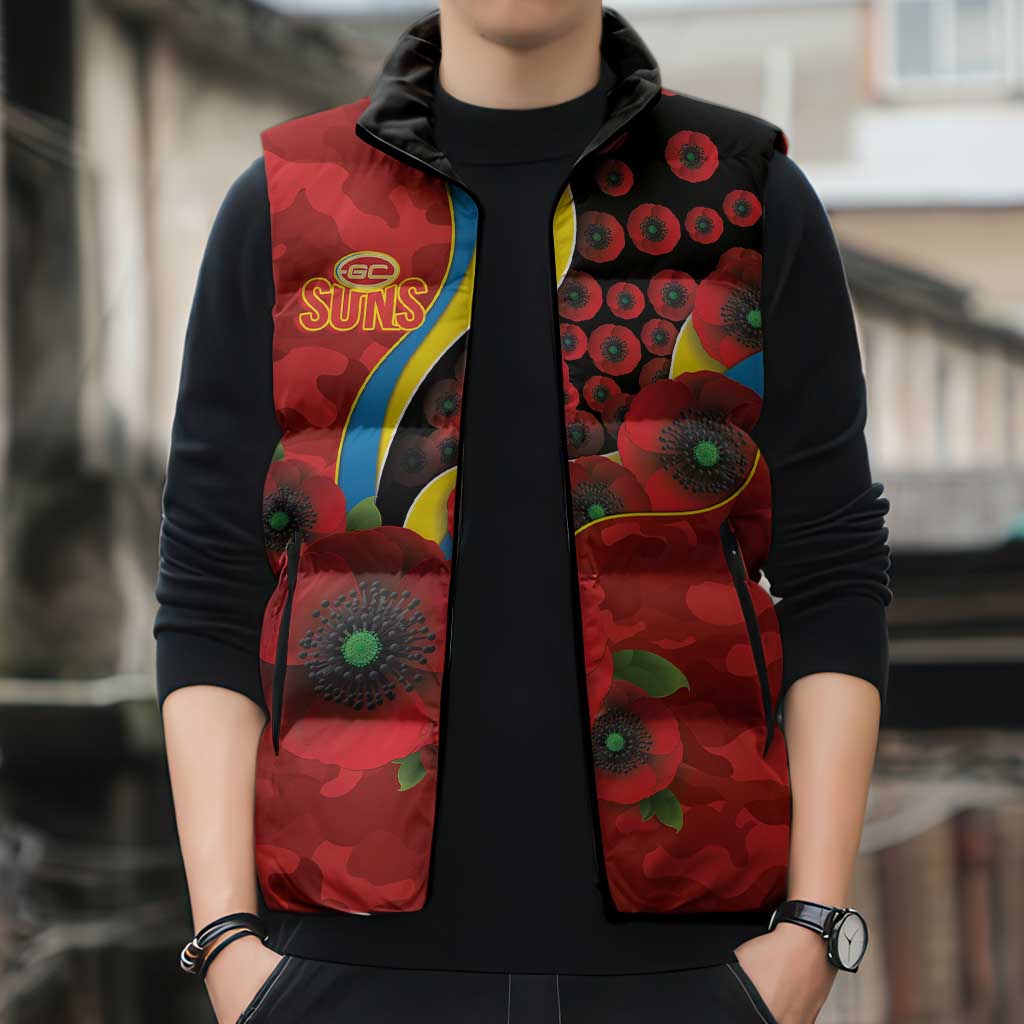 Gold Suns ANZAC Personalised Sleeveless Puffer Jacket Lest We Forget Poppy Camo