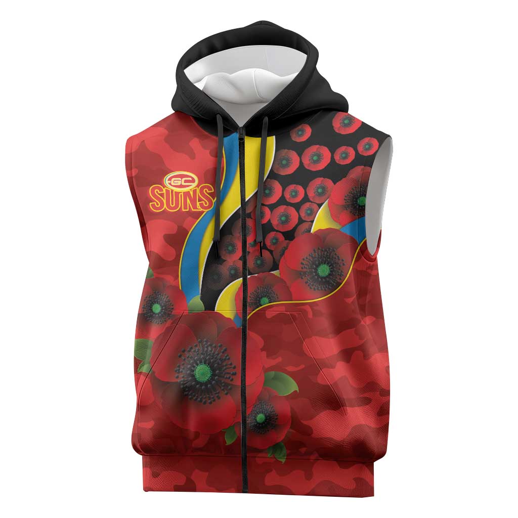 Gold Suns ANZAC Personalised Sleeveless Zip Hoodie Lest We Forget Poppy Camo