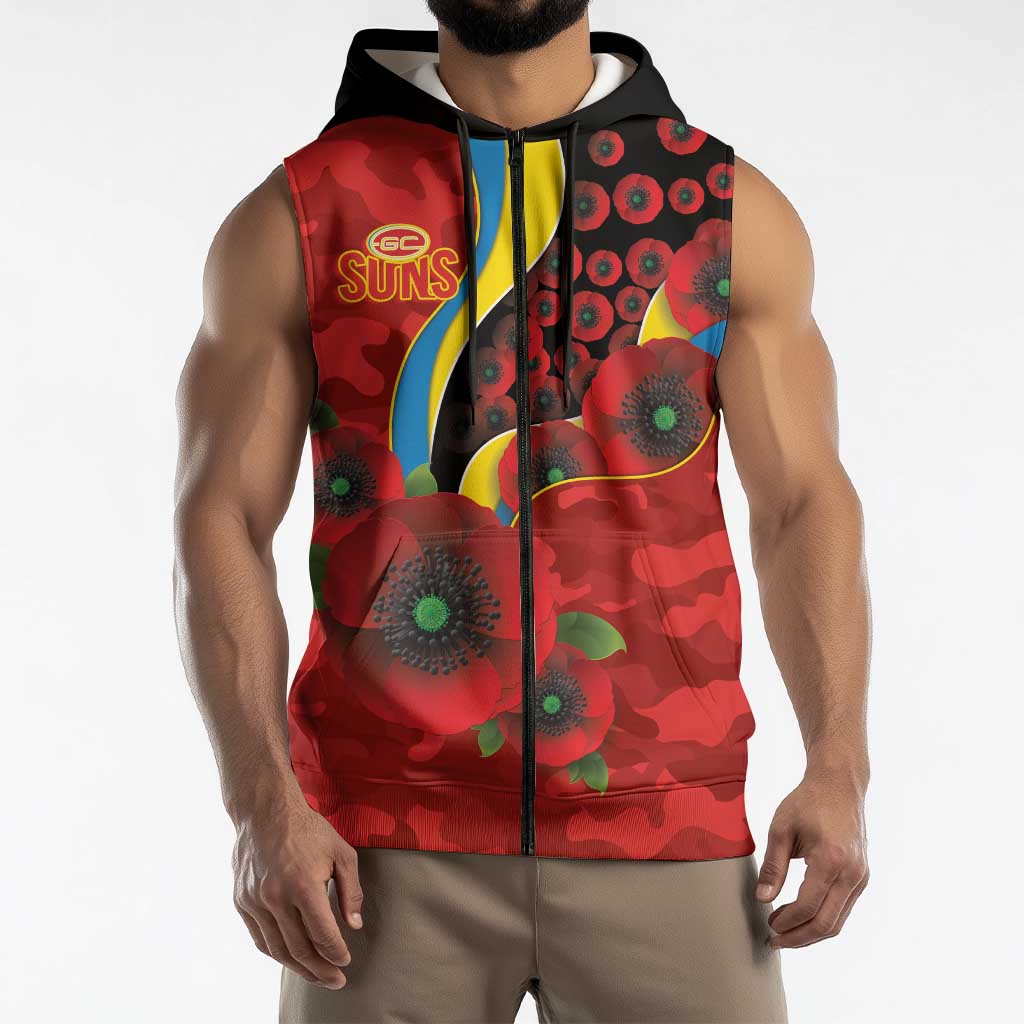 Gold Suns ANZAC Personalised Sleeveless Zip Hoodie Lest We Forget Poppy Camo