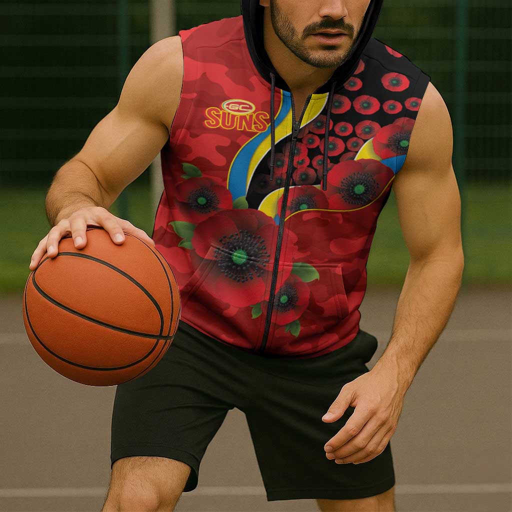 Gold Suns ANZAC Personalised Sleeveless Zip Hoodie Lest We Forget Poppy Camo