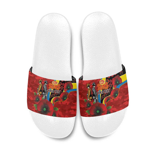 Gold Suns ANZAC Personalised Slide Sandals Lest We Forget Poppy Camo