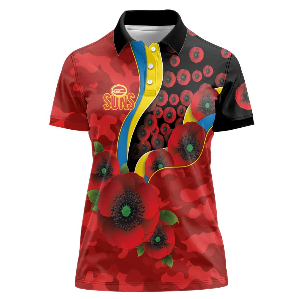 Gold Suns ANZAC Personalised Women Polo Shirt Lest We Forget Poppy Camo