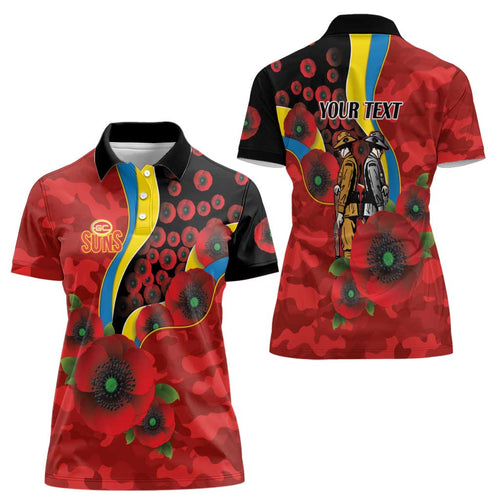 Gold Suns ANZAC Personalised Women Polo Shirt Lest We Forget Poppy Camo