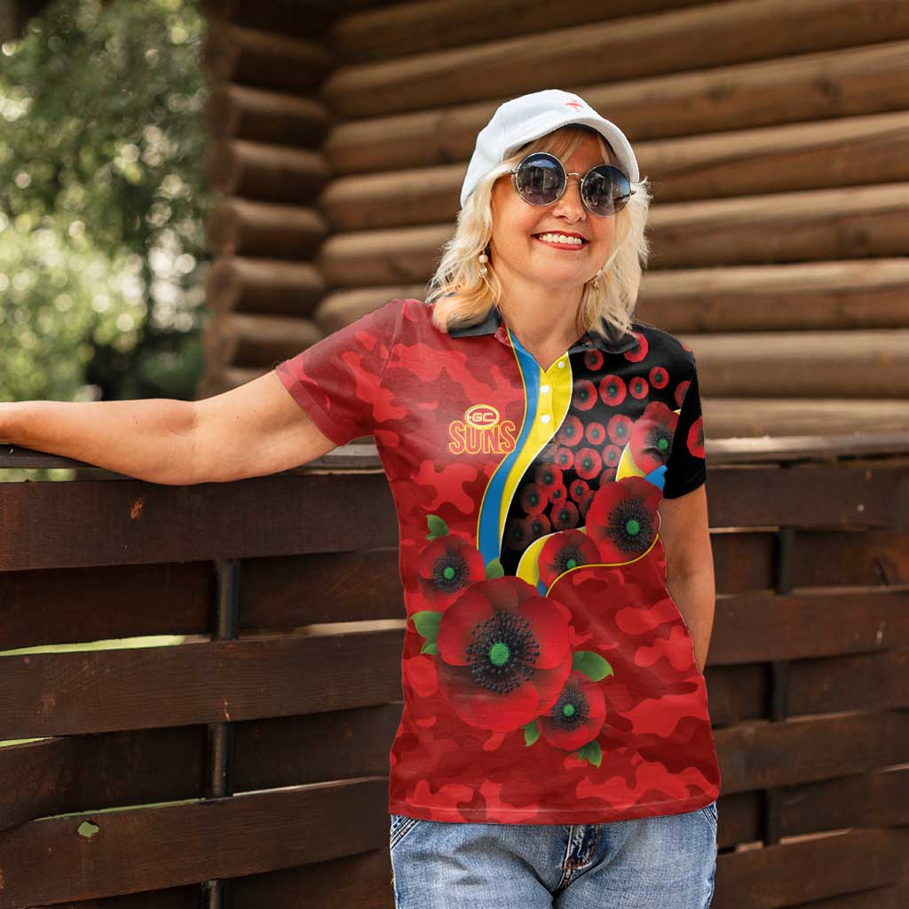 Gold Suns ANZAC Personalised Women Polo Shirt Lest We Forget Poppy Camo