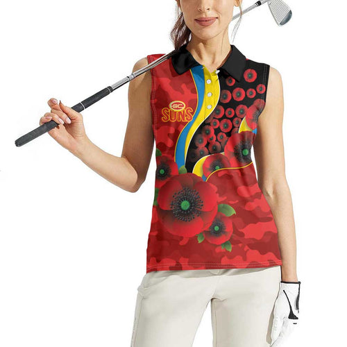 Gold Suns ANZAC Personalised Women Sleeveless Polo Shirt Lest We Forget Poppy Camo