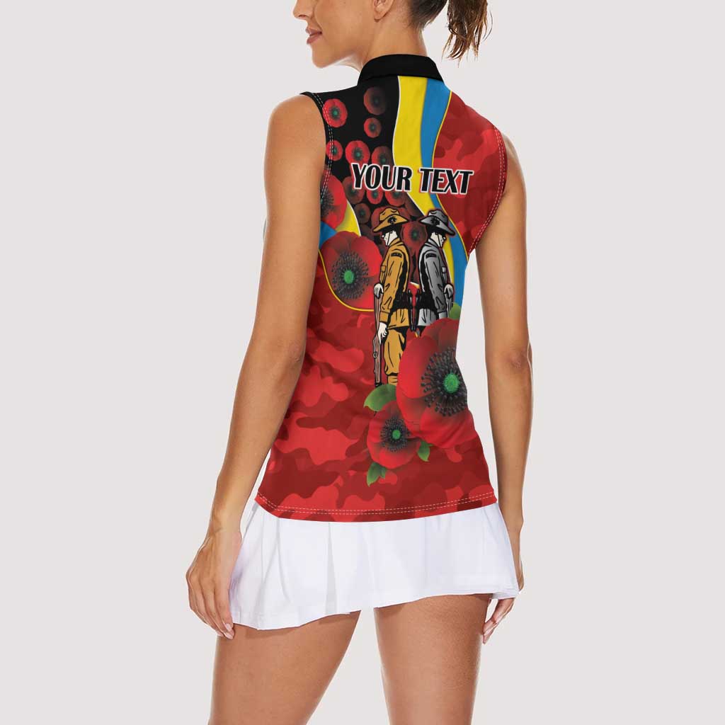 Gold Suns ANZAC Personalised Women Sleeveless Polo Shirt Lest We Forget Poppy Camo
