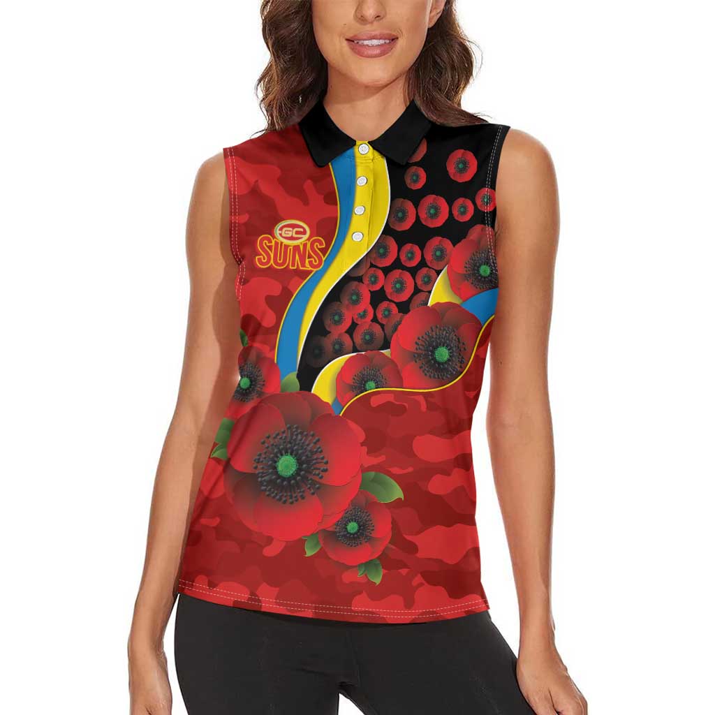 Gold Suns ANZAC Personalised Women Sleeveless Polo Shirt Lest We Forget Poppy Camo