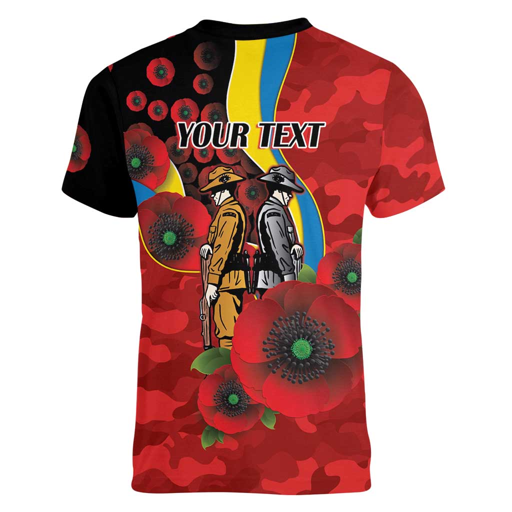 Gold Suns ANZAC Personalised Women V-Neck T-Shirt Lest We Forget Poppy Camo