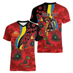 Gold Suns ANZAC Personalised Women V-Neck T-Shirt Lest We Forget Poppy Camo