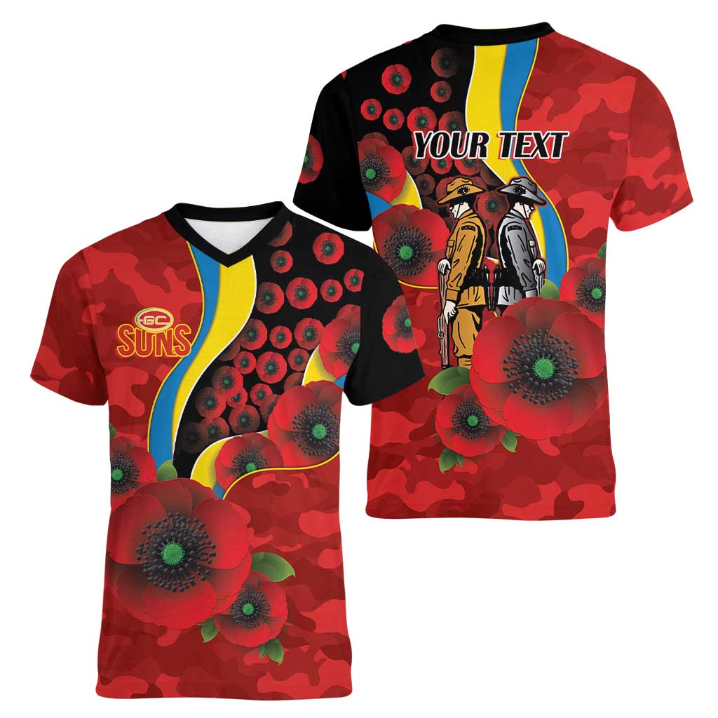 Gold Suns ANZAC Personalised Women V-Neck T-Shirt Lest We Forget Poppy Camo