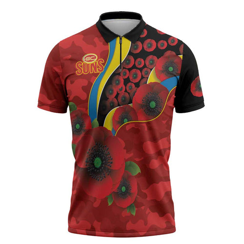 Gold Suns ANZAC Personalised Zipper Polo Shirt Lest We Forget Poppy Camo