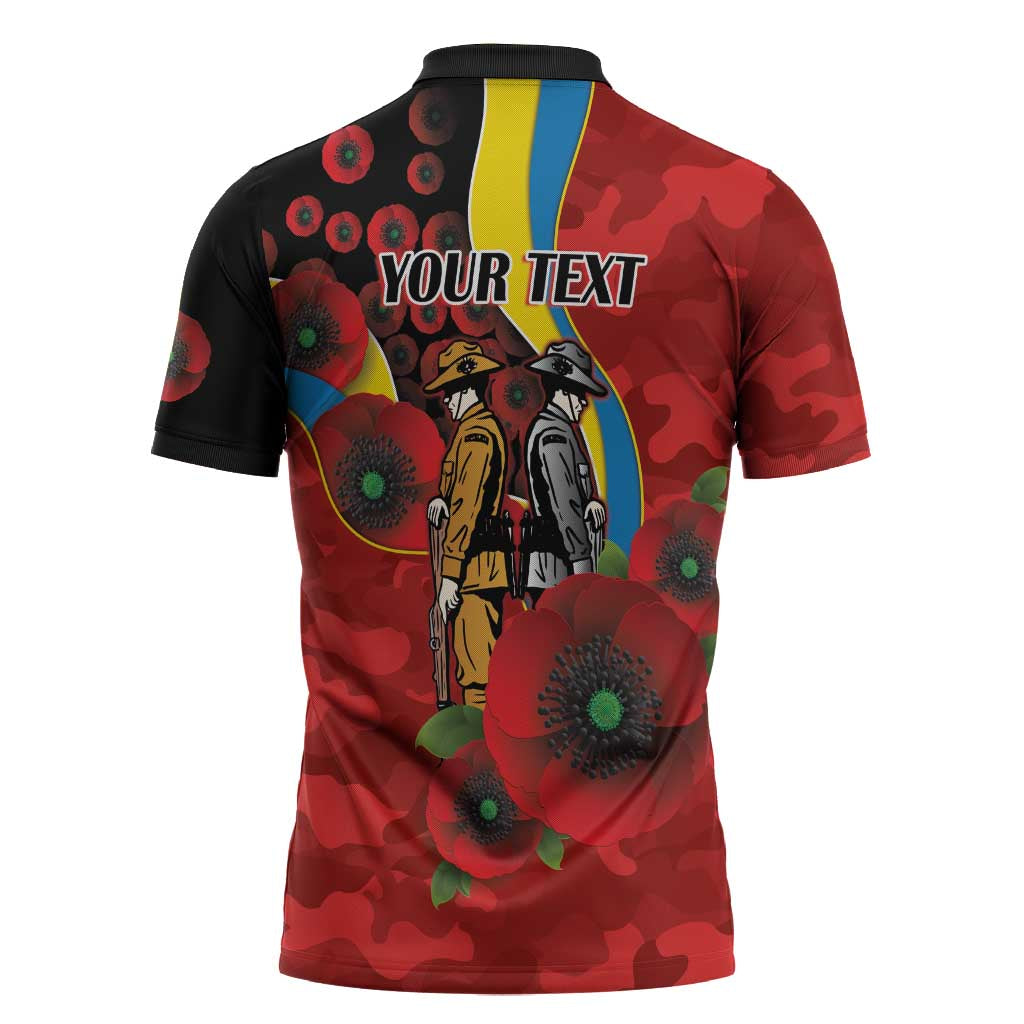 Gold Suns ANZAC Personalised Zipper Polo Shirt Lest We Forget Poppy Camo