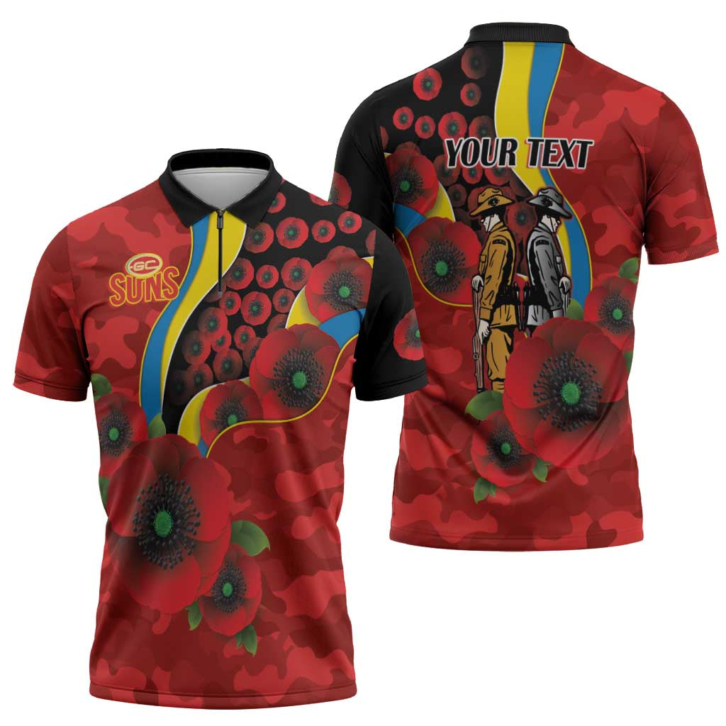Gold Suns ANZAC Personalised Zipper Polo Shirt Lest We Forget Poppy Camo