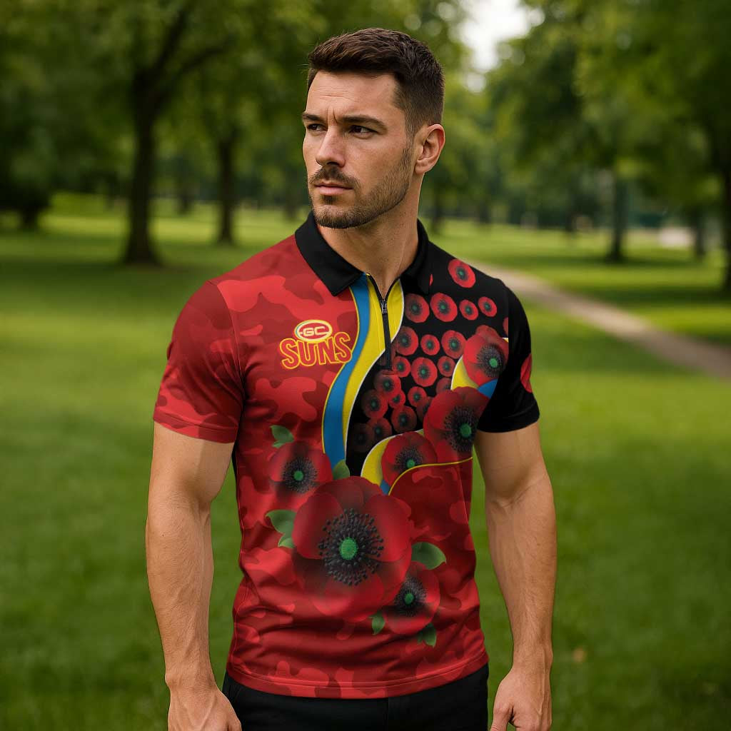 Gold Suns ANZAC Personalised Zipper Polo Shirt Lest We Forget Poppy Camo
