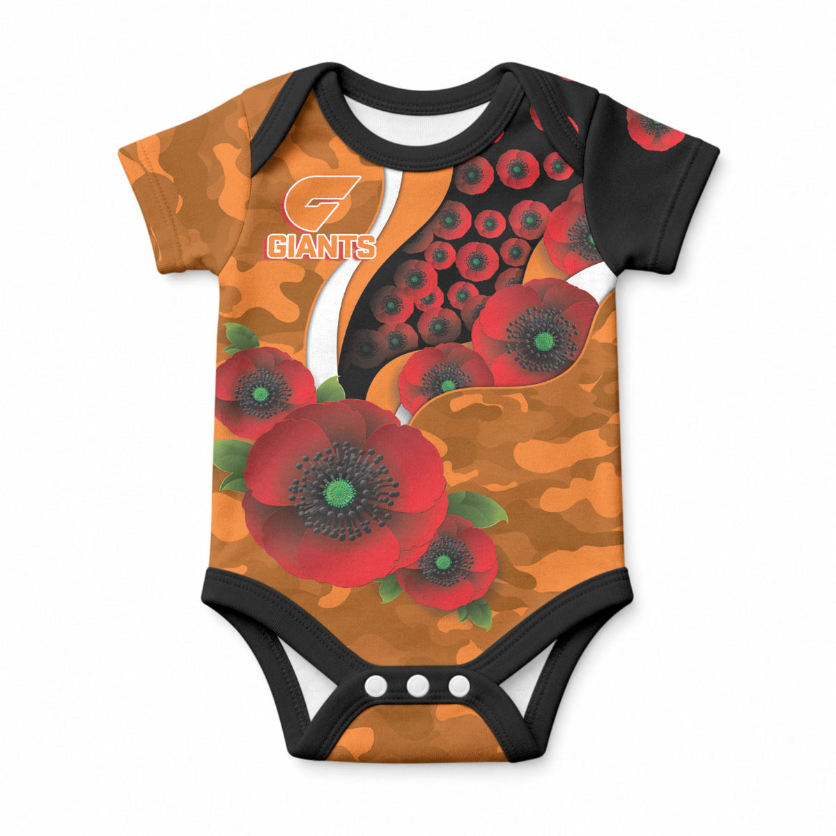 Greater Giants ANZAC Personalised Baby Onesie Lest We Forget Poppy Camo