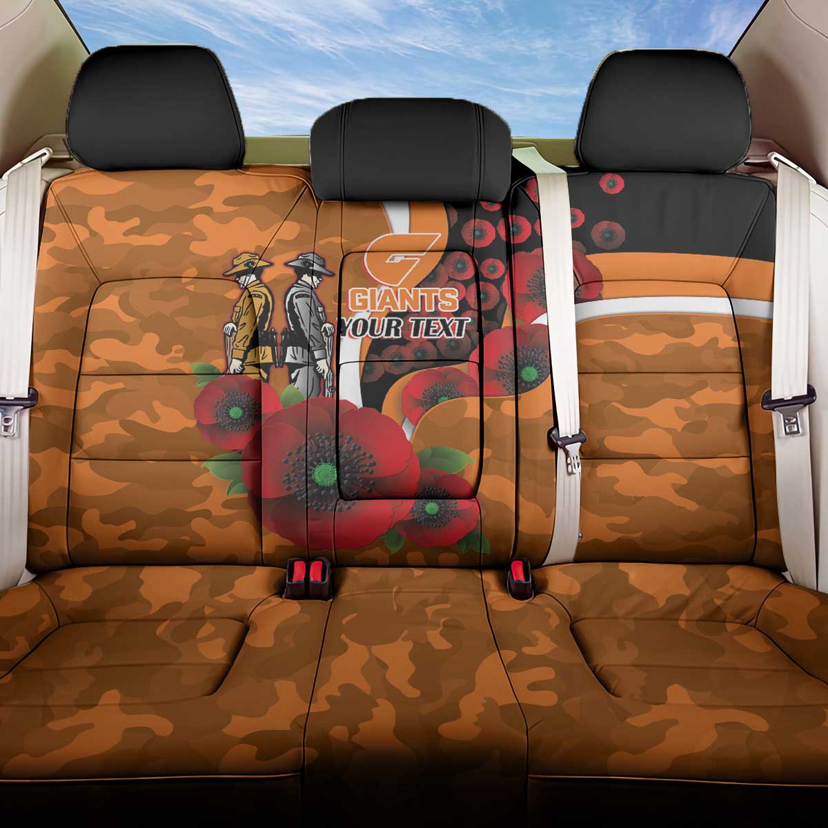 Greater Giants ANZAC Personalised Back Car Seat Cover Lest We Forget Poppy Camo