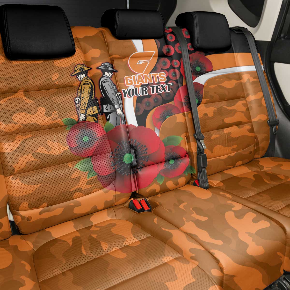 Greater Giants ANZAC Personalised Back Car Seat Cover Lest We Forget Poppy Camo
