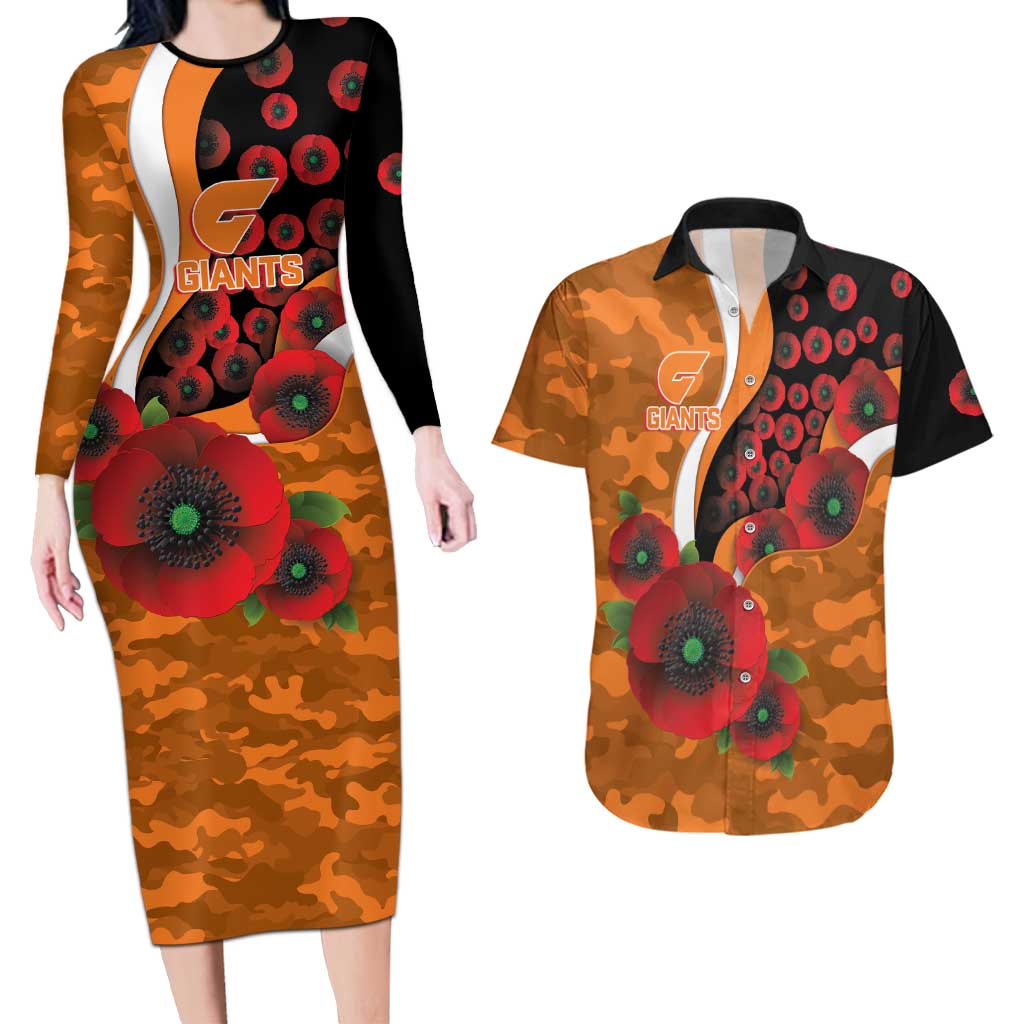Greater Giants ANZAC Personalised Couples Matching Long Sleeve Bodycon Dress and Hawaiian Shirt Lest We Forget Poppy Camo