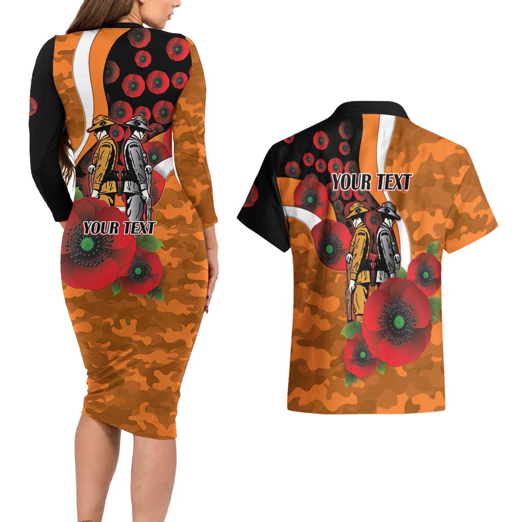 Greater Giants ANZAC Personalised Couples Matching Long Sleeve Bodycon Dress and Hawaiian Shirt Lest We Forget Poppy Camo