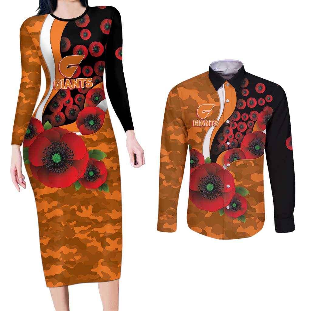 Greater Giants ANZAC Personalised Couples Matching Long Sleeve Bodycon Dress and Long Sleeve Button Shirt Lest We Forget Poppy Camo