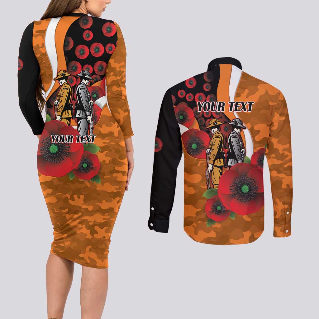 Greater Giants ANZAC Personalised Couples Matching Long Sleeve Bodycon Dress and Long Sleeve Button Shirt Lest We Forget Poppy Camo