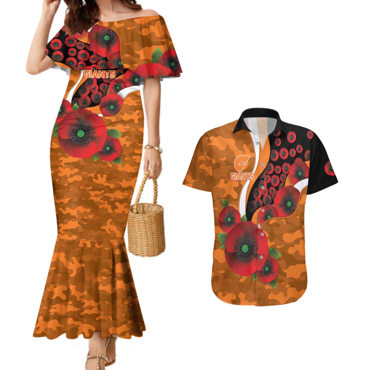 Greater Giants ANZAC Personalised Couples Matching Mermaid Dress and Hawaiian Shirt Lest We Forget Poppy Camo