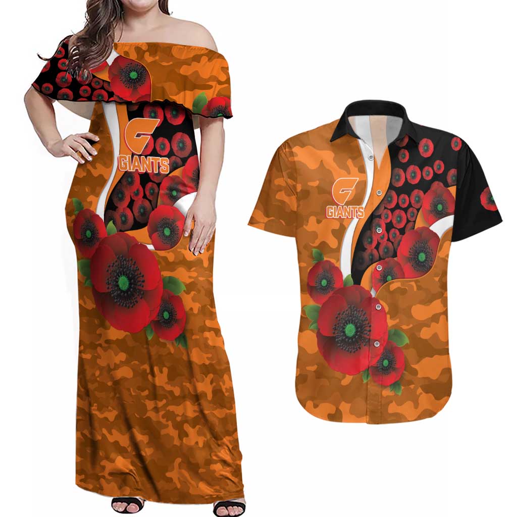 Greater Giants ANZAC Personalised Couples Matching Off Shoulder Maxi Dress and Hawaiian Shirt Lest We Forget Poppy Camo