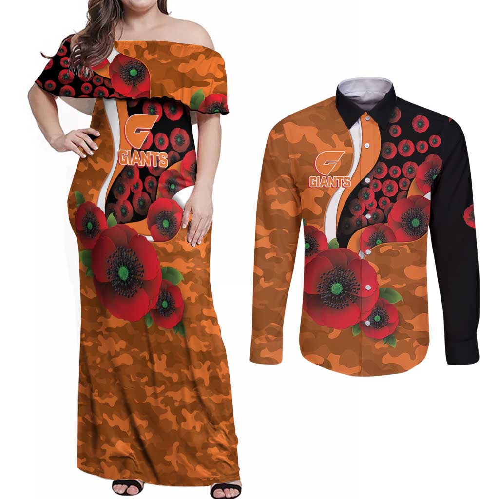 Greater Giants ANZAC Personalised Couples Matching Off Shoulder Maxi Dress and Long Sleeve Button Shirt Lest We Forget Poppy Camo