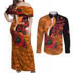 Greater Giants ANZAC Personalised Couples Matching Off Shoulder Maxi Dress and Long Sleeve Button Shirt Lest We Forget Poppy Camo