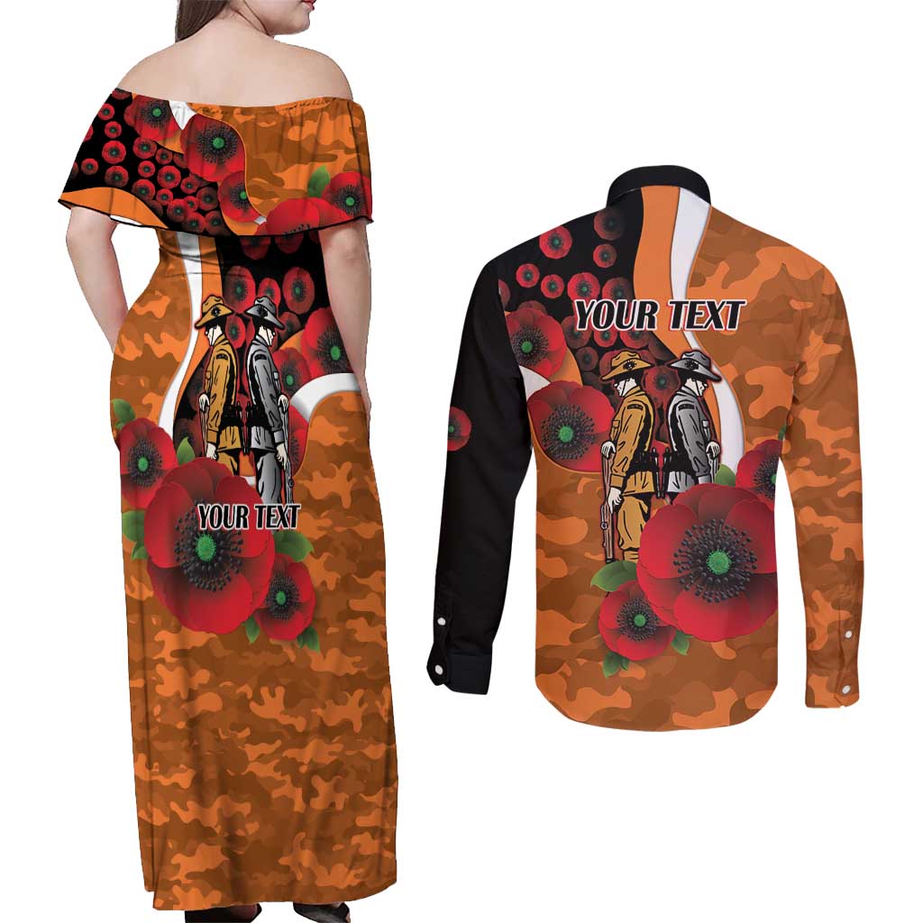 Greater Giants ANZAC Personalised Couples Matching Off Shoulder Maxi Dress and Long Sleeve Button Shirt Lest We Forget Poppy Camo
