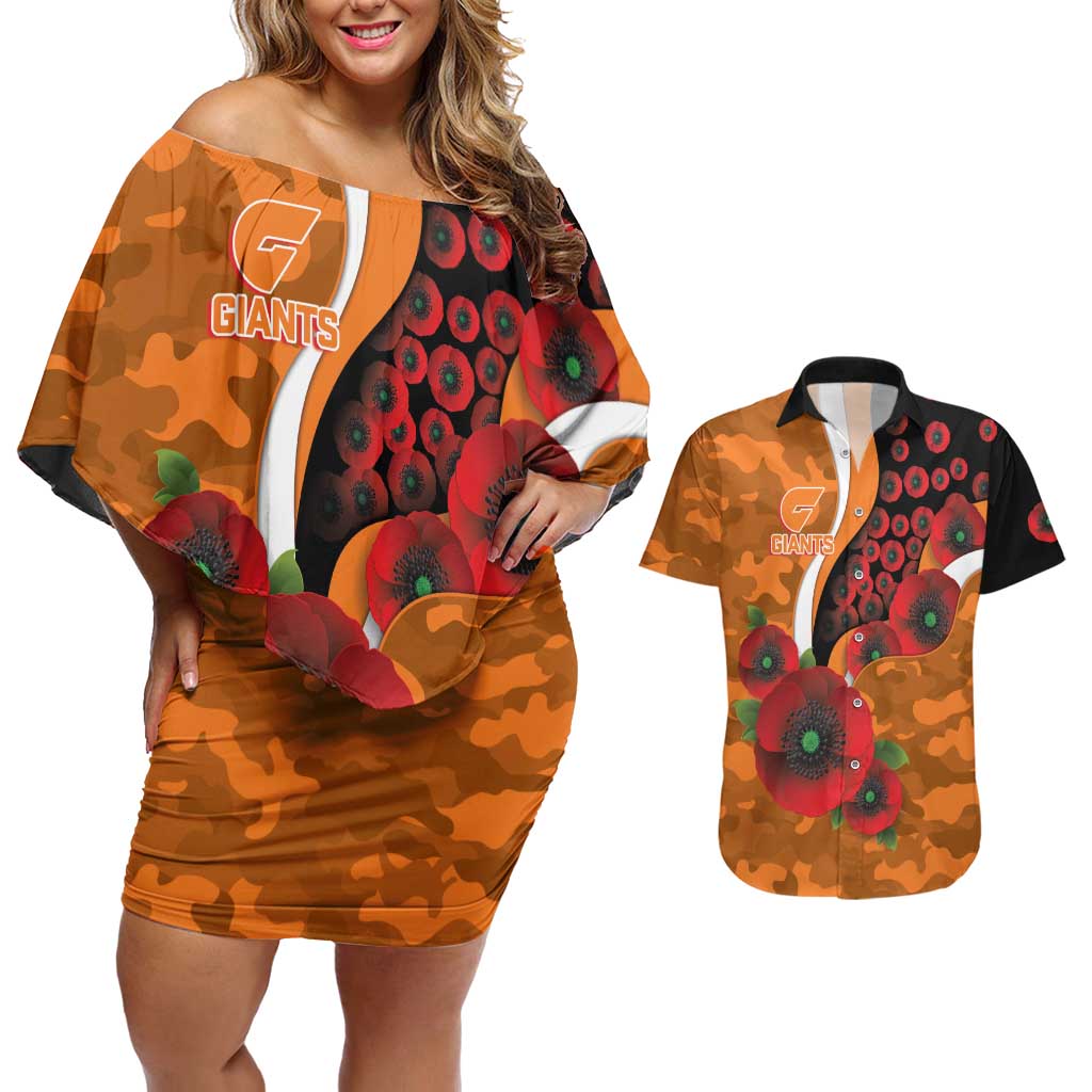 Greater Giants ANZAC Personalised Couples Matching Off Shoulder Short Dress and Hawaiian Shirt Lest We Forget Poppy Camo