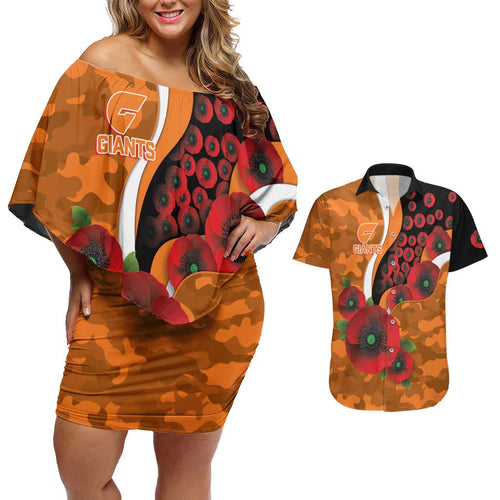 Greater Giants ANZAC Personalised Couples Matching Off Shoulder Short Dress and Hawaiian Shirt Lest We Forget Poppy Camo