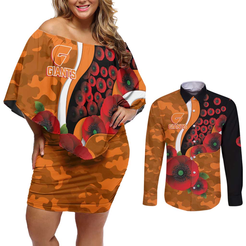 Greater Giants ANZAC Personalised Couples Matching Off Shoulder Short Dress and Long Sleeve Button Shirt Lest We Forget Poppy Camo